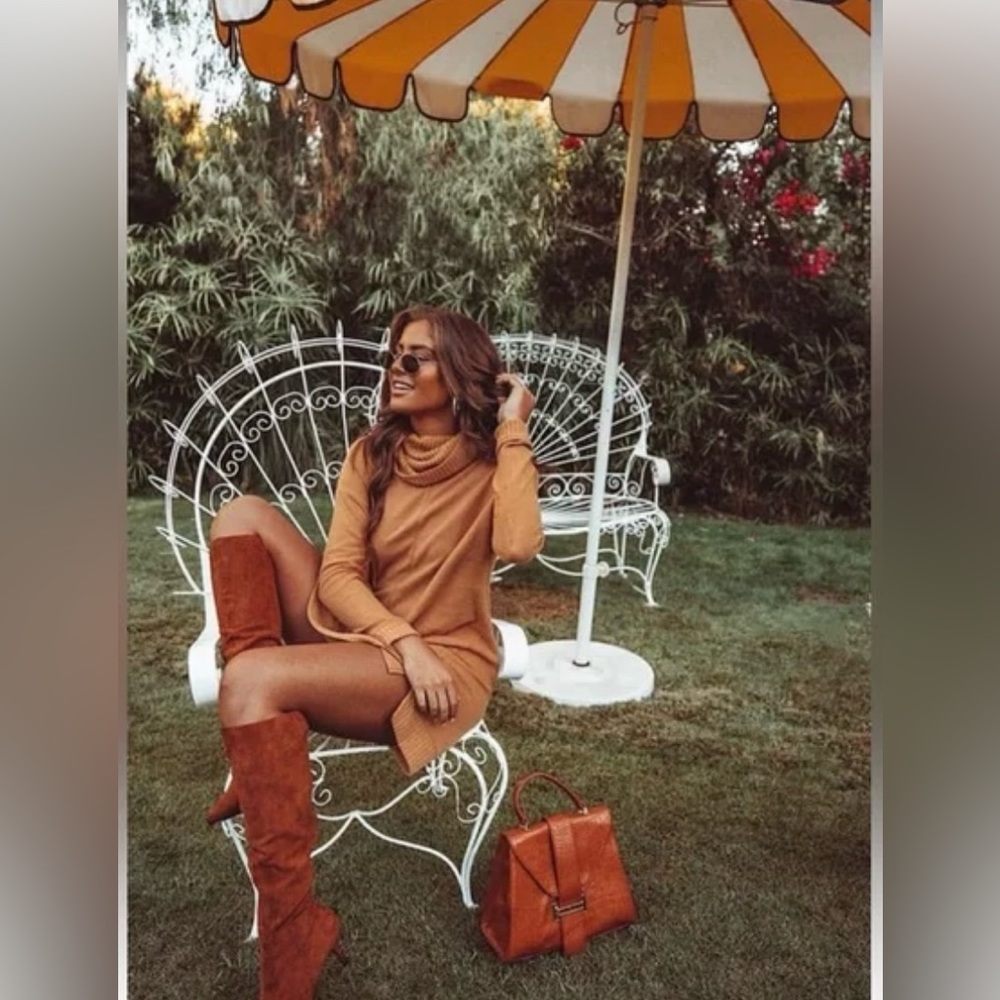 Lulus Autumn Daze Camel Cowl Neck Long Sleeve Sweater Dress: SMALL
